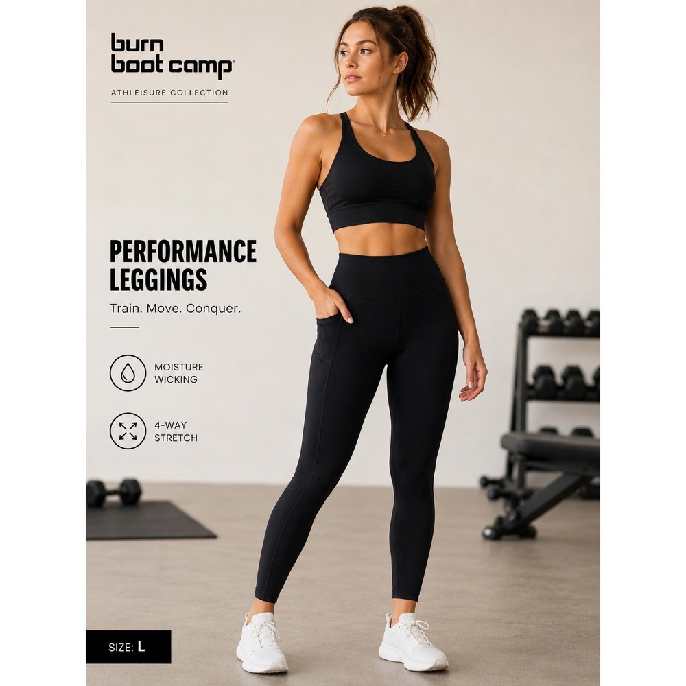 NEW Burn Boot Camp Leggings Women XL Black High Waisted Side Pockets Athletic